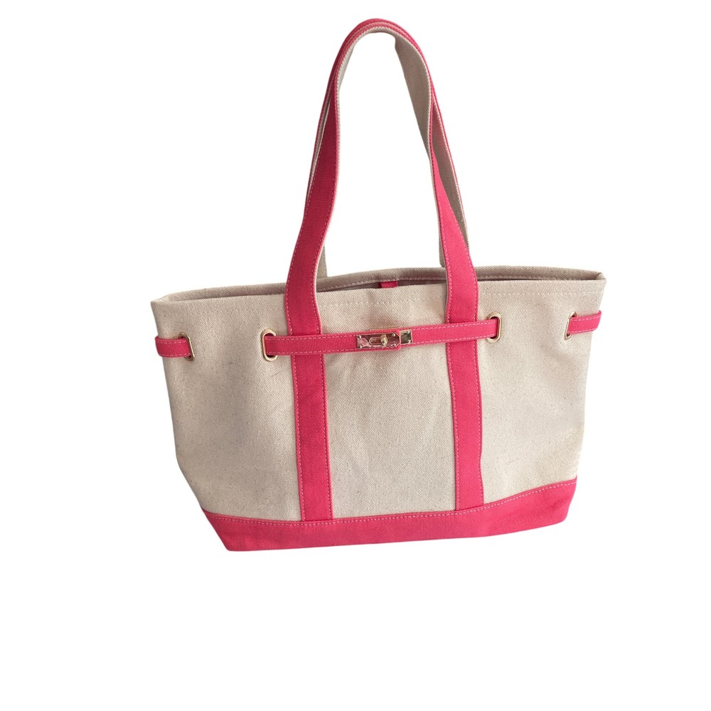 Canvas Tote Bag Pink Cream Nautical Beach Shoulder Bag Gold Tone Crown & Coastal